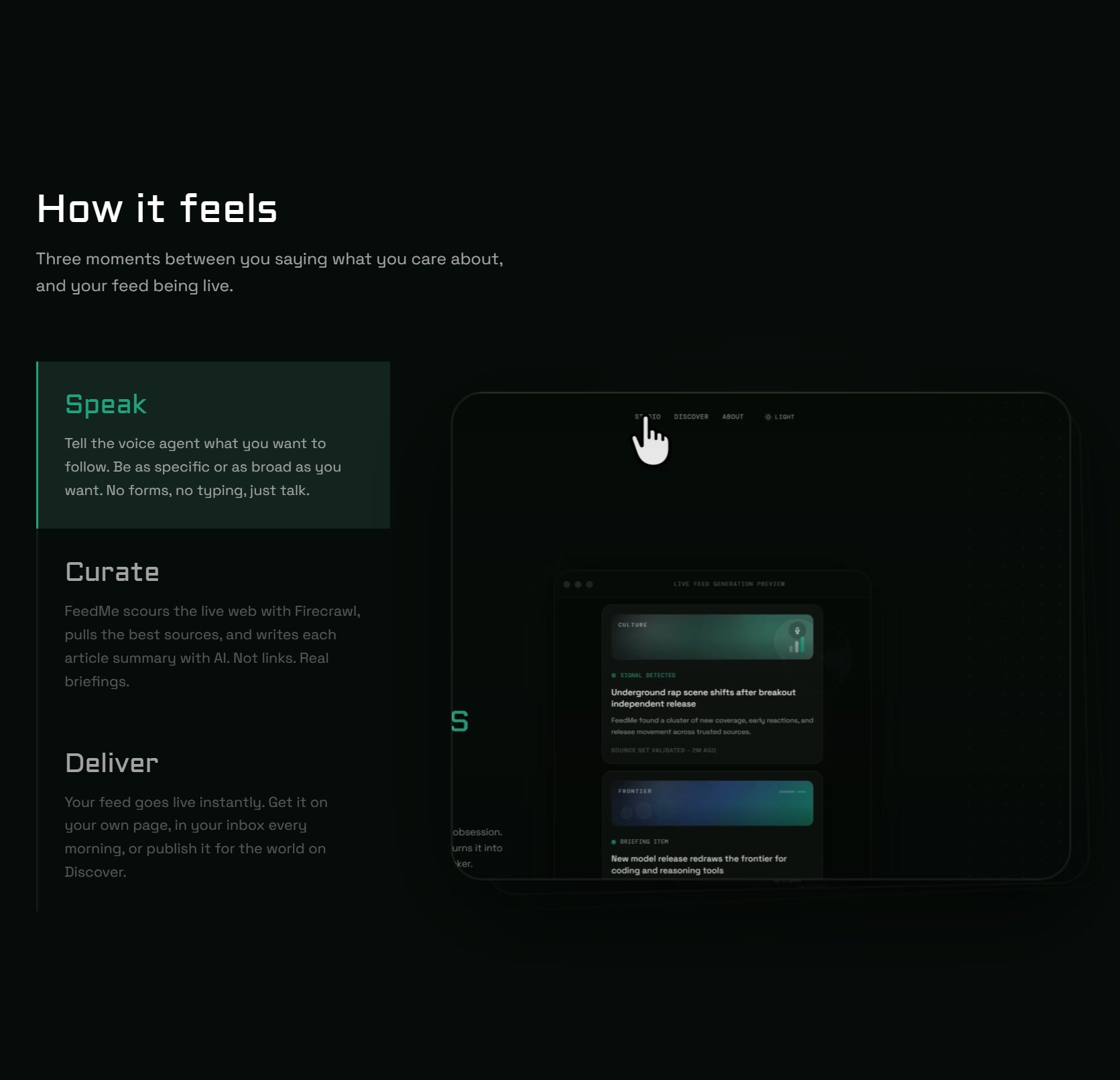 FeedMe how it feels section showing Speak, Curate, Deliver steps