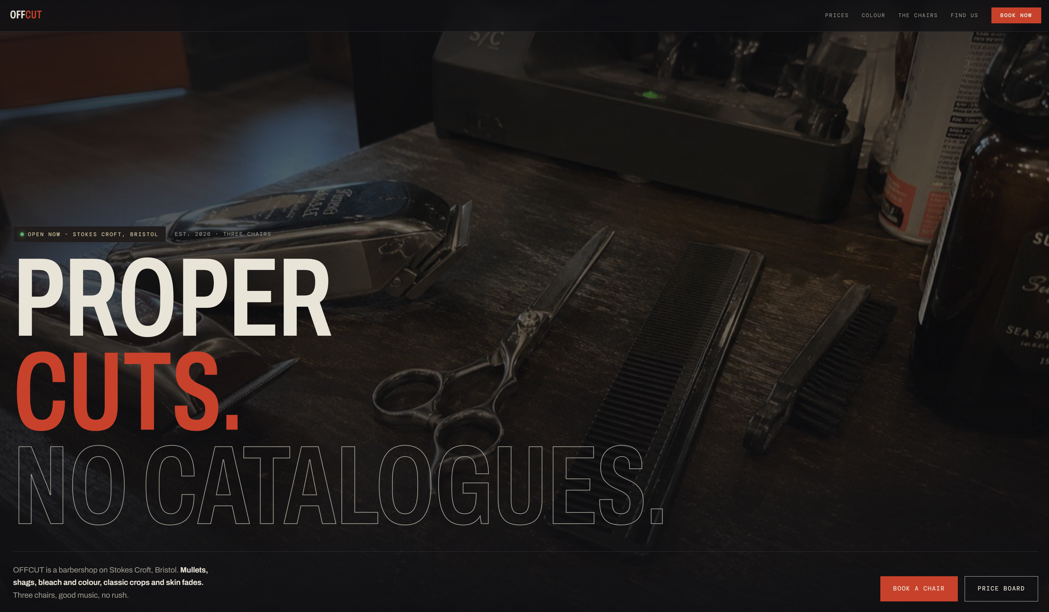 OFFCUT homepage hero - Proper cuts, no catalogues, with barber tools on a dark workbench