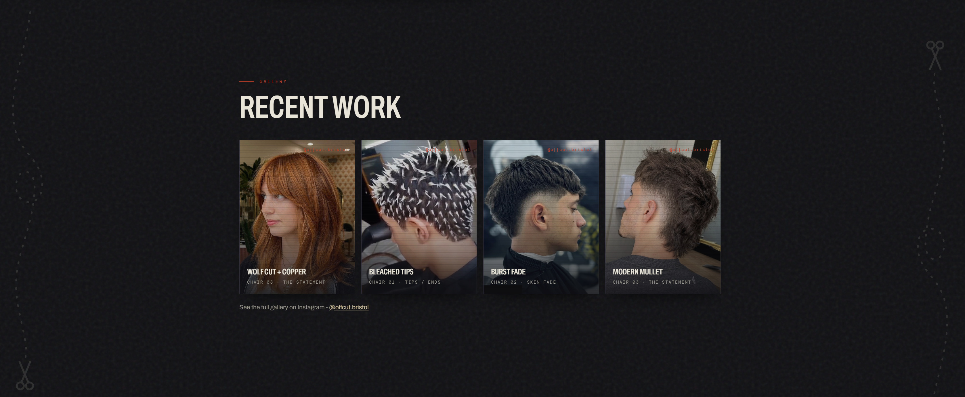 OFFCUT recent work gallery showing wolf cut, bleached tips, burst fade and modern mullet