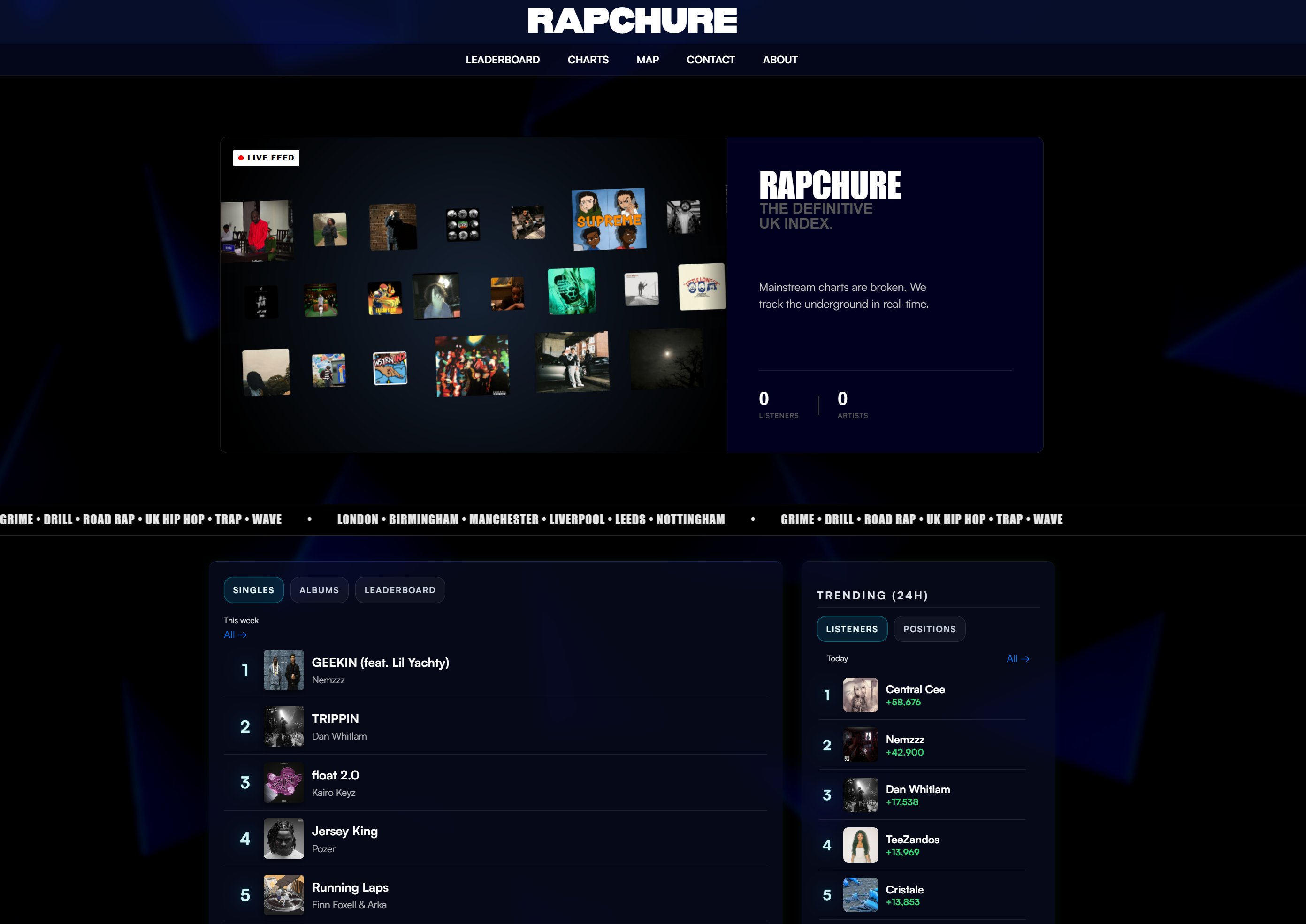 Rapchure home page with live feed and singles chart